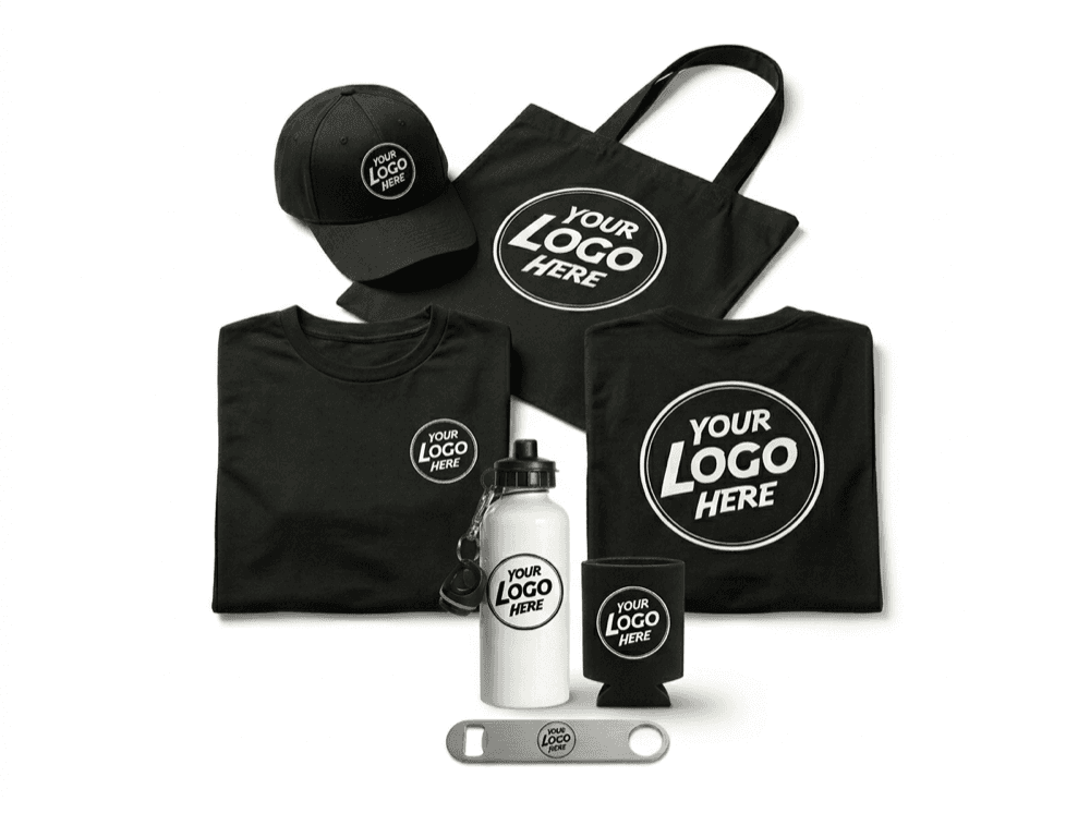 MACV custom merchandise — t-shirt, tote bag, cap, and hoodie